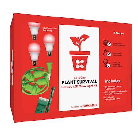 Miracle Led 3-Socket Plant Survival Grow Light Kit- Red Spec. 14W Replace 150W Grow Bulbs, 4PK 801951